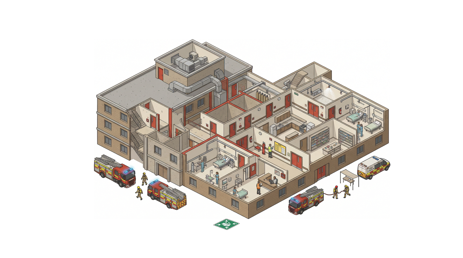 Isometric cutaway of a fire-safety scenario building