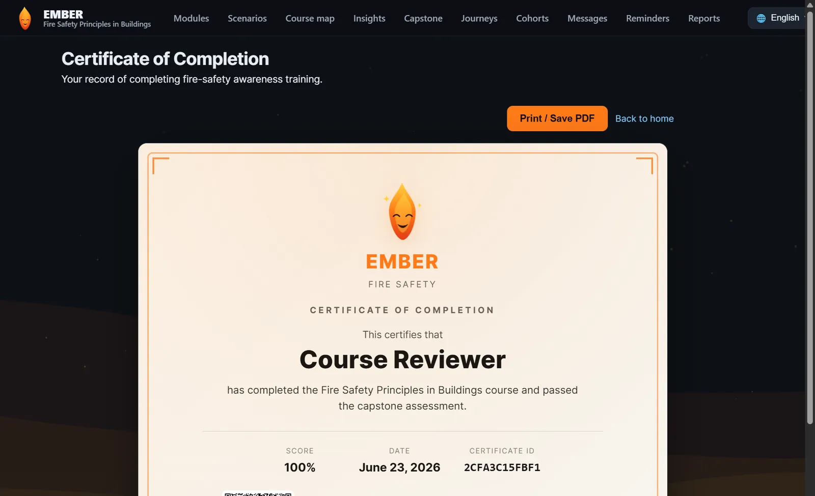 An EMBER Certificate of Completion with score, date and a verification QR code