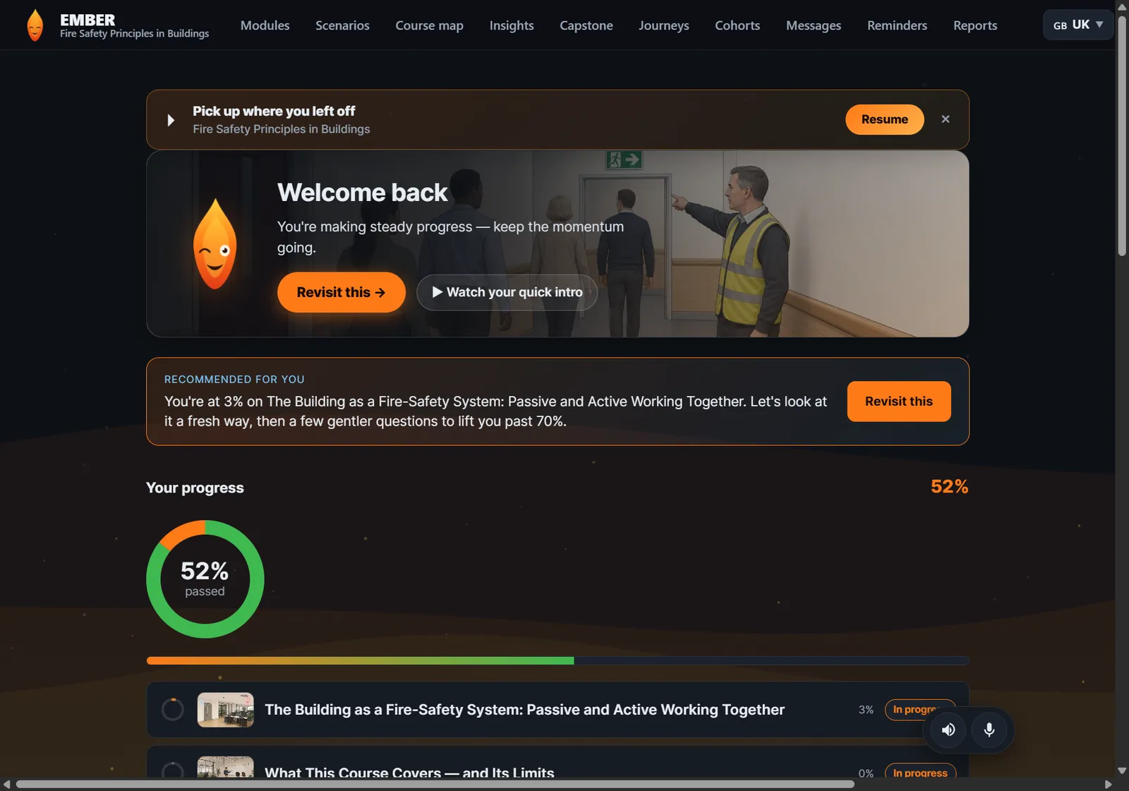 An EMBER learner dashboard with progress and a recommended next step