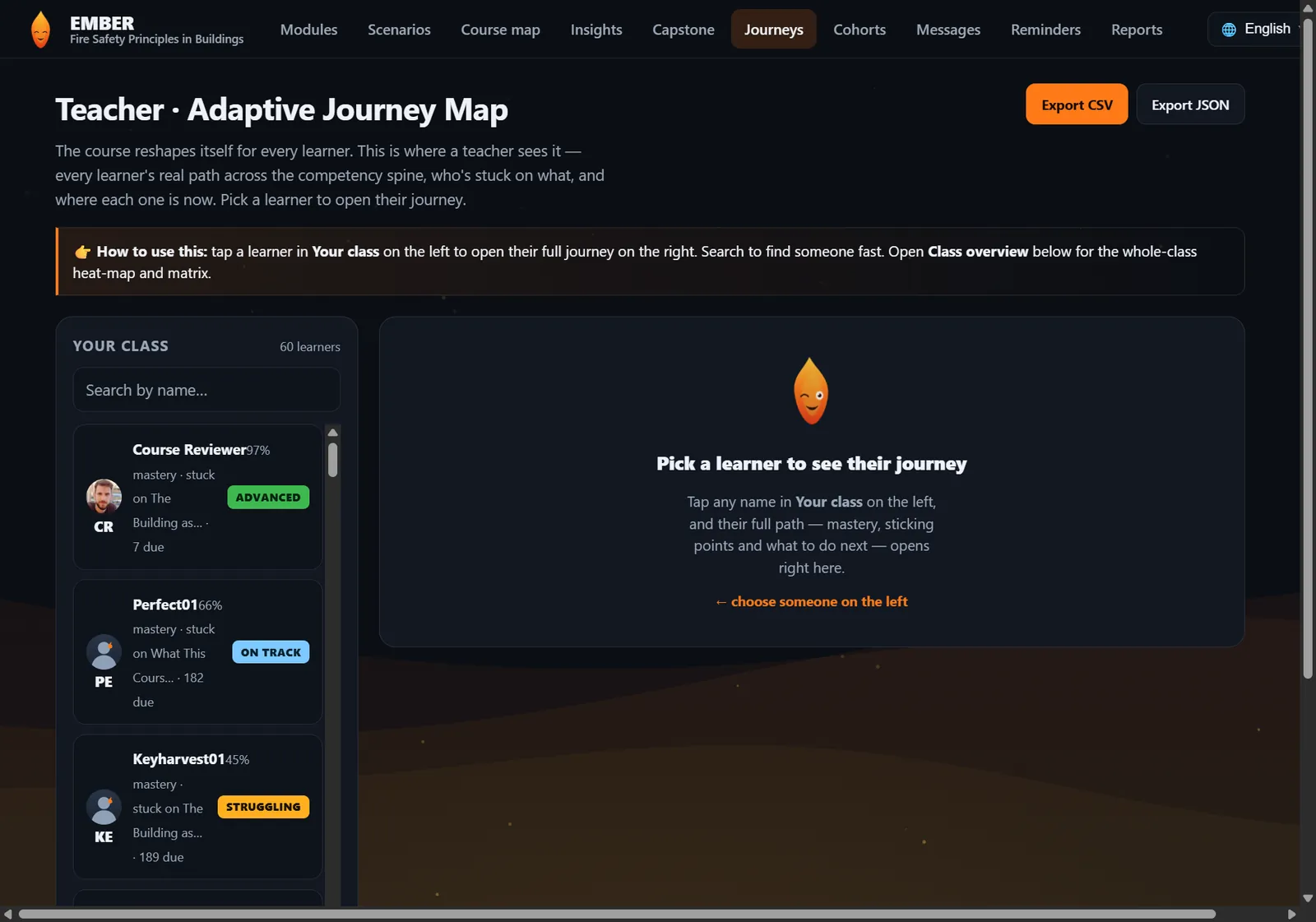 EMBER class journey map with per-learner mastery and status