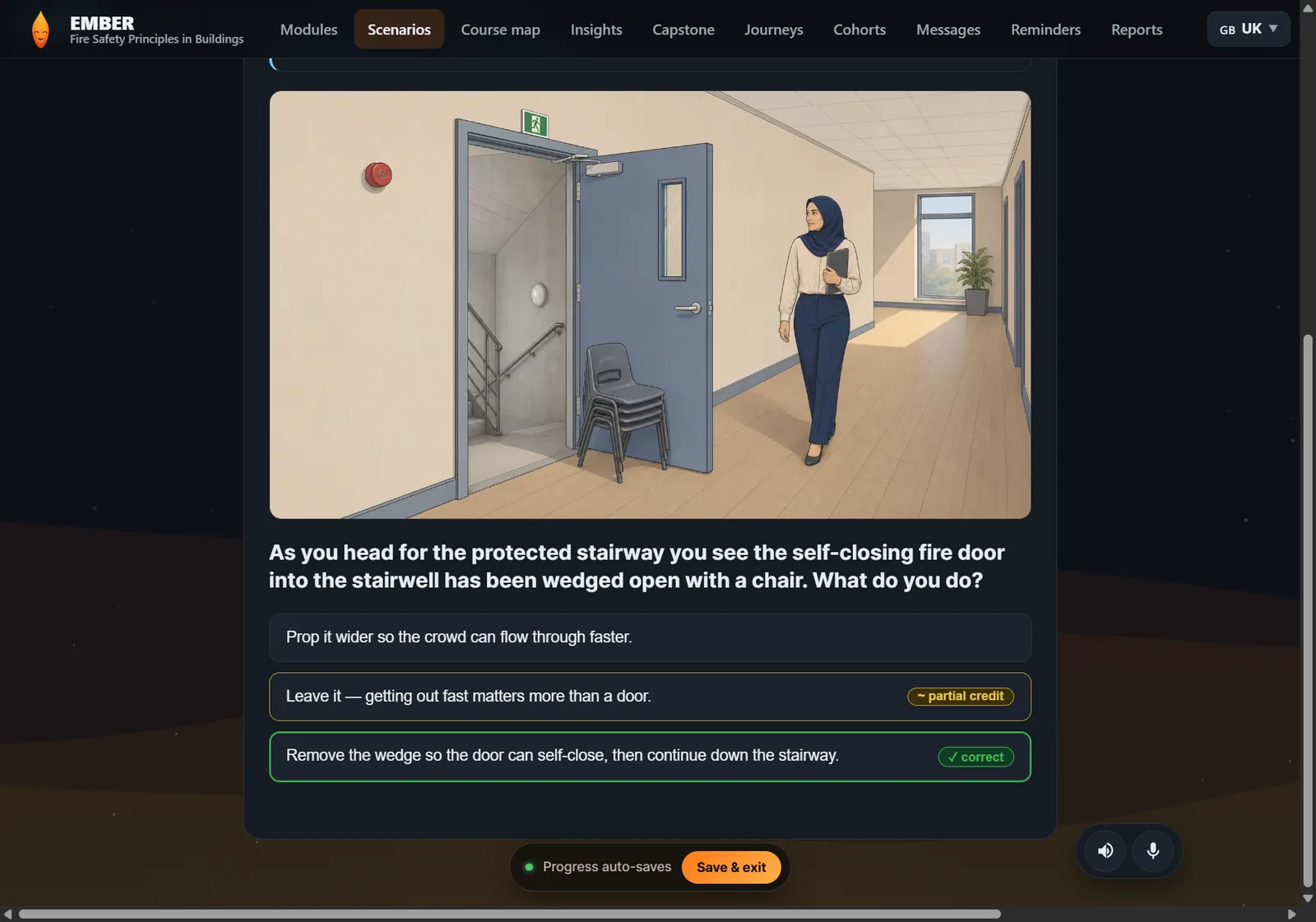 An EMBER scenario: a self-closing fire door wedged open with a chair, with three scored decisions